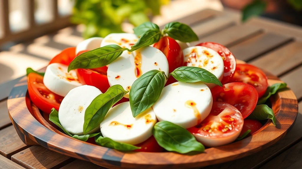 Fresh and Zesty Mozzarella Salad Recipe A fresh Mozzarella Salad with tomatoes, mozzarella cheese, and basil on a rustic plate.
